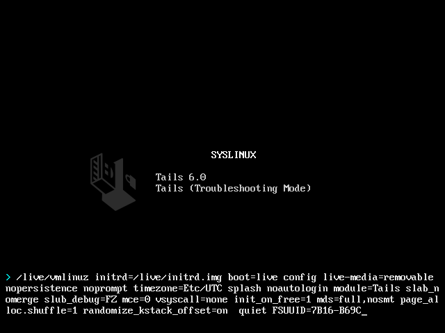 SYSLINUX amb
una llista d'opcions que comencen per '/live/vmlinuz' a la part inferior