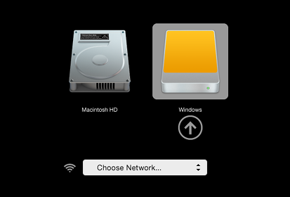 Screen
with the logo of an internal hard disk labeled 'Macintosh HD' and an
external hard disk labelled 'Windows' (selected)